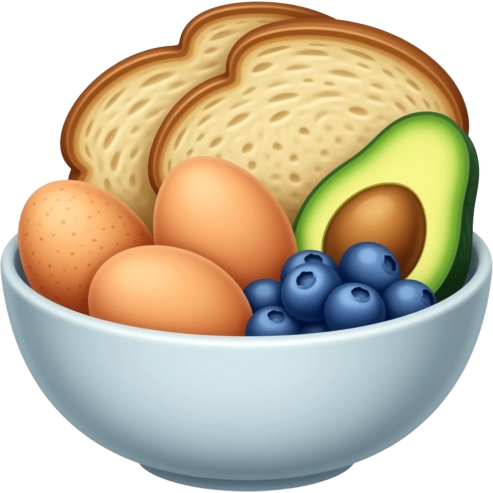 bowl with eggs avocado blueberries sourdough emoji