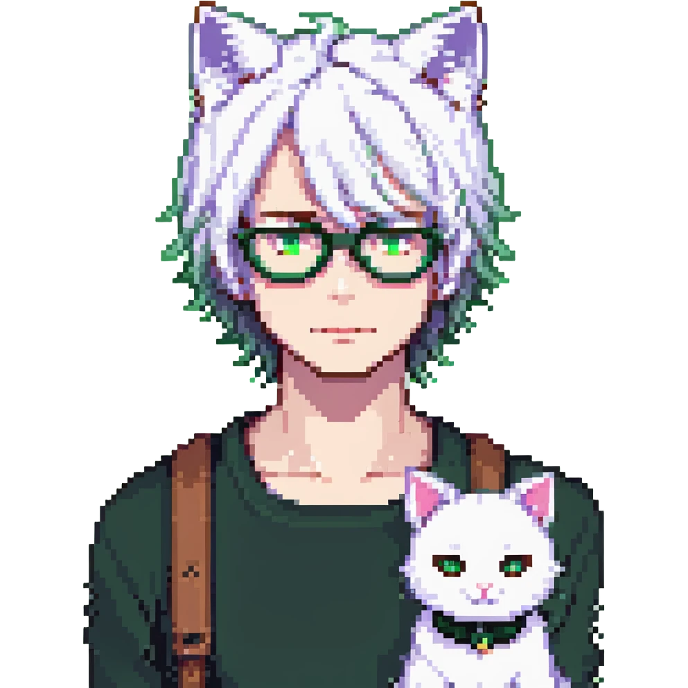 An anime guy with white hair, white cat ears, green eyes, and glasses, only head emoji