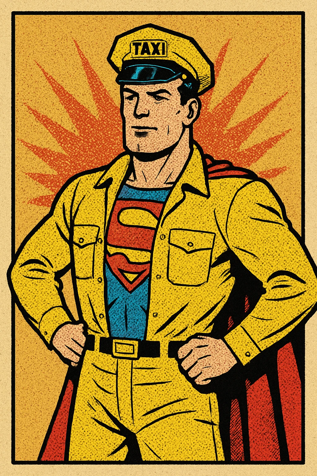 Superman in a taxi driver's uniform, confident stance, comic style emoji