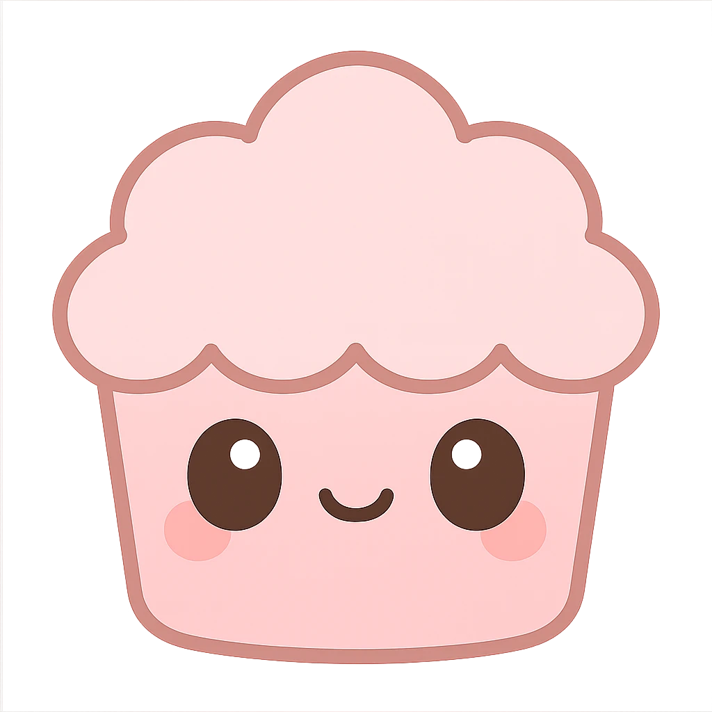 kawaii style icon of a pink cupcake with a cute face, soft pinks emoji
