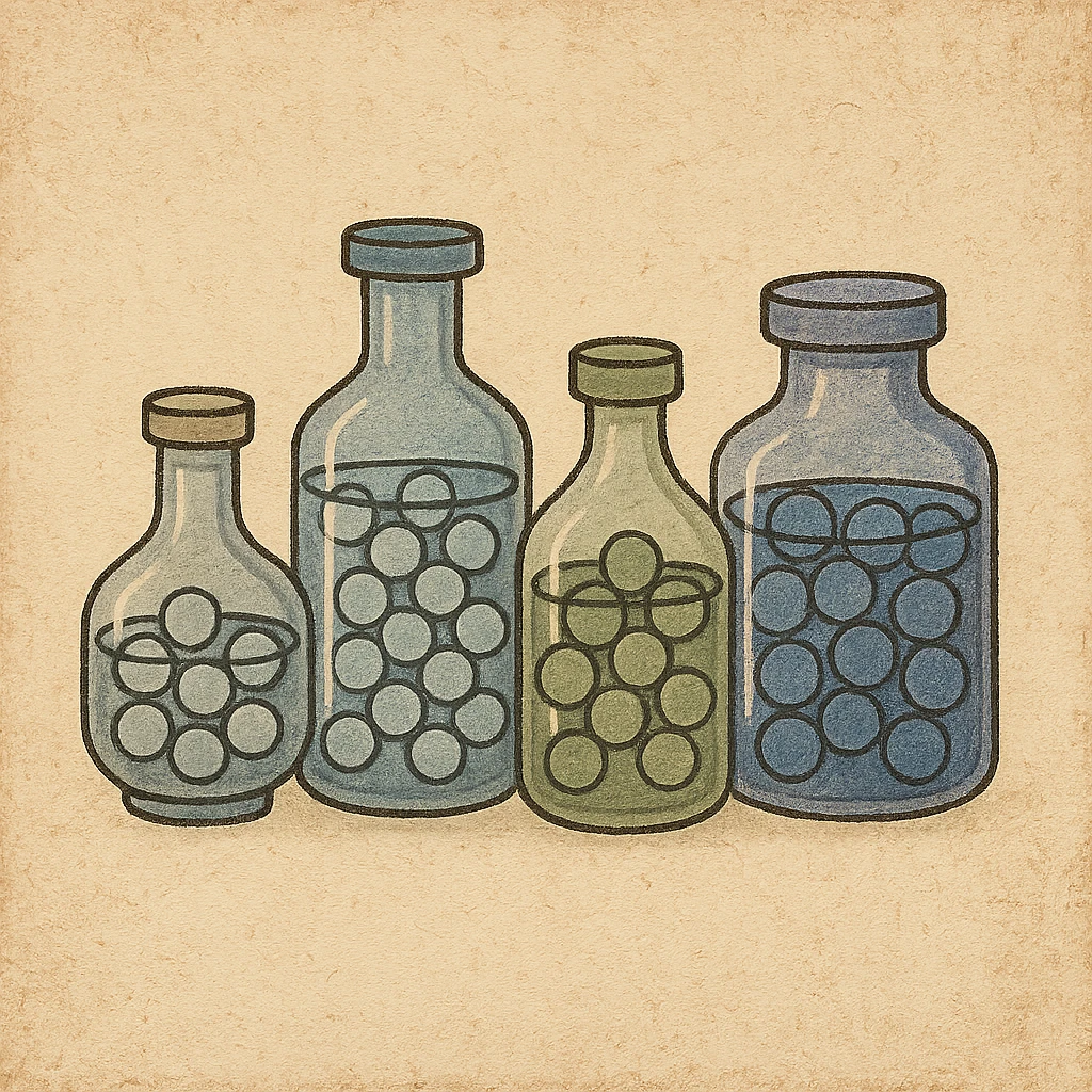 glass Bottles of medicine pills all of different colours emoji