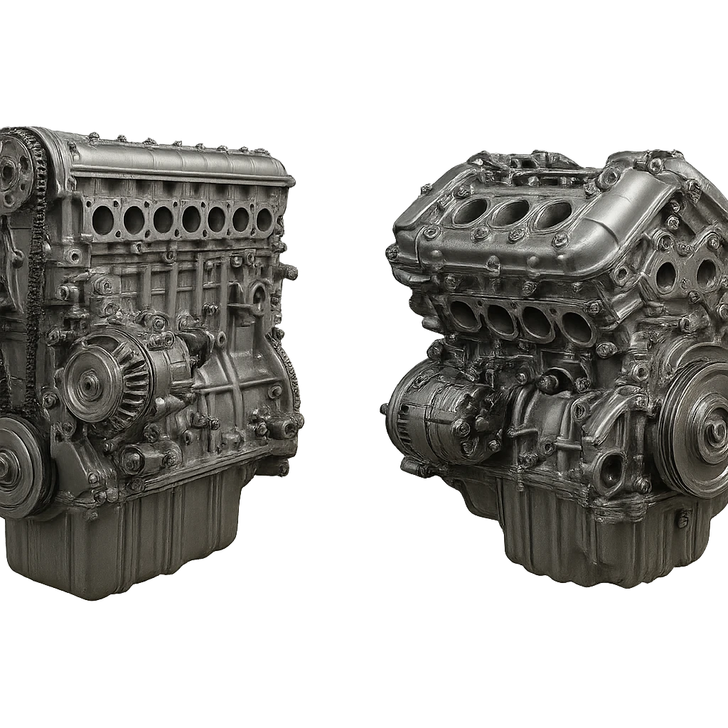 realistic comparison of inline 6-cylinder and V6 engines, both shown next to each other, detailed, metallic, no background emoji