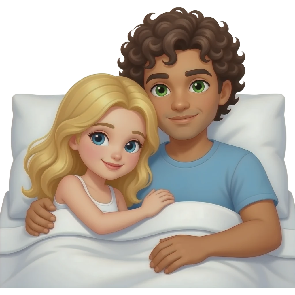 White girl blonde long hair snuggling in bed with browner guy curly hair green eyes emoji