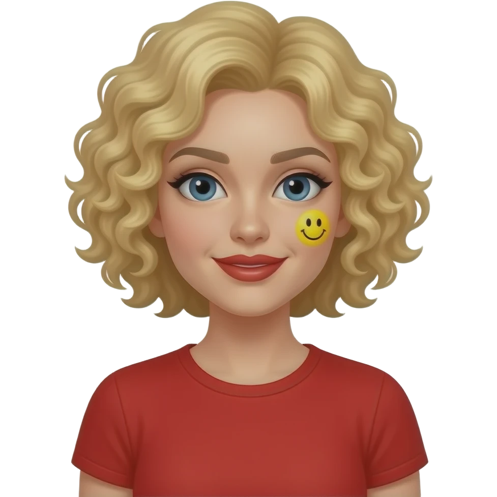 short blonde tight curly hair with a yellow emoji in a red short sleeve shirt and red lipstick emoji