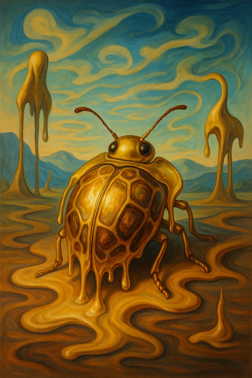 Golden Tortoise Beetle with a tortoise shell-like carapace, Dali-inspired surreal art style, melting forms, dreamlike landscape, imaginative and surreal emoji