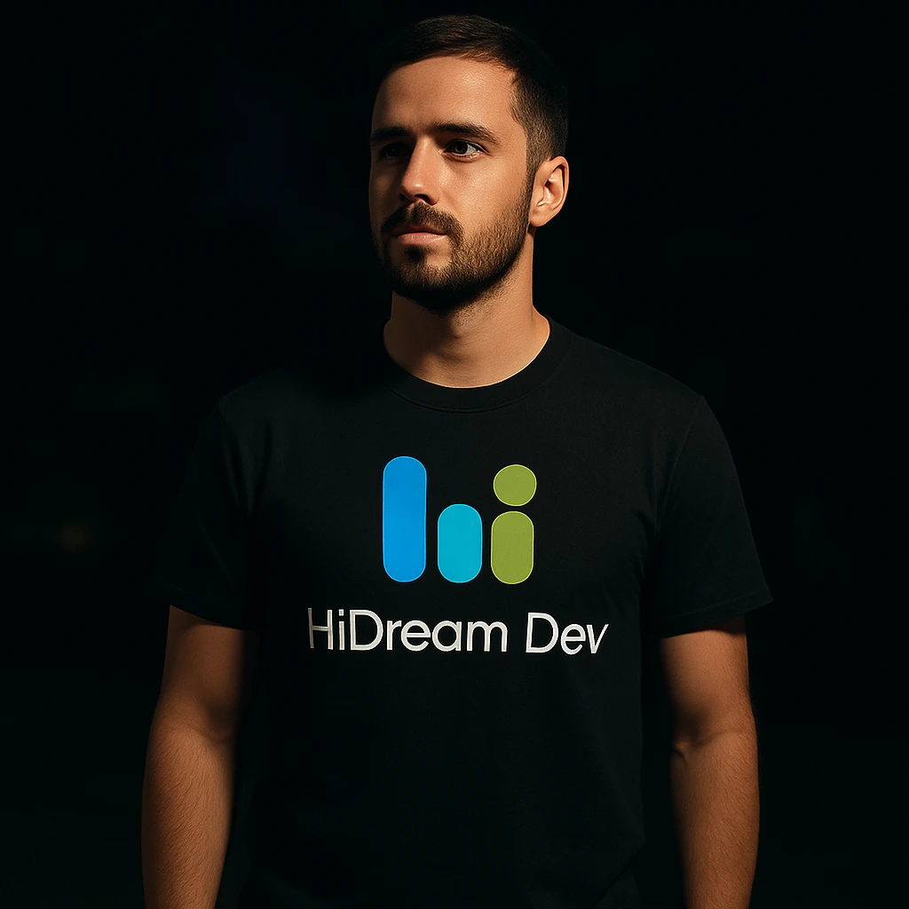 man wearing tshirt with this logo, dark night background with dim  emoji