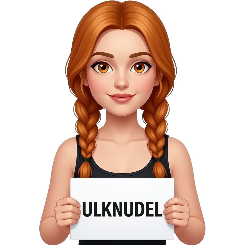 sexy girl with long ginger braids and ginger eyes wearing a black tanktop is holding a white sign with ULKNUDEL written on it emoji