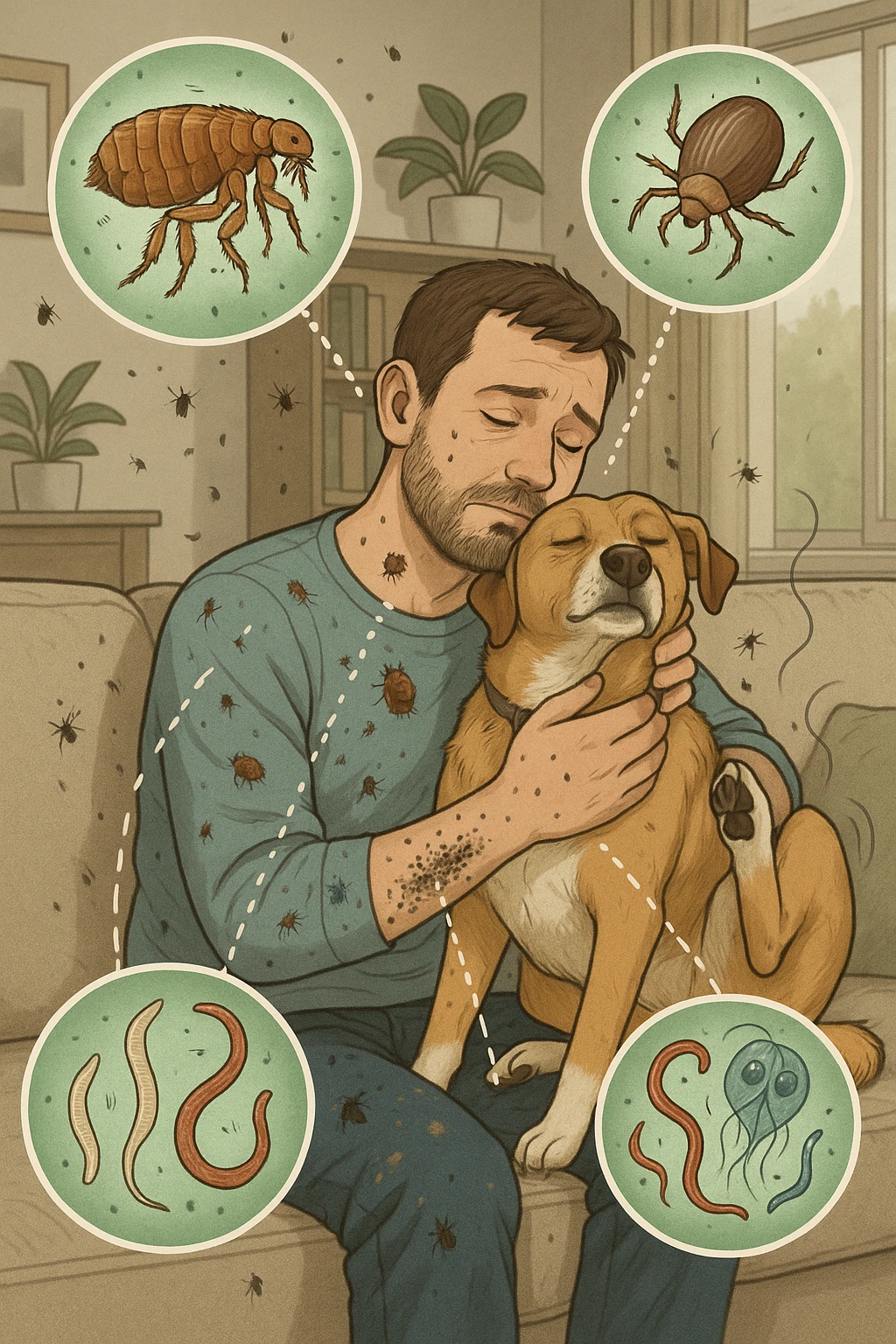 "Man cuddling with his beloved dog on couch, unaware that fleas, ticks, and worms are jumping from pet's fur onto his clothing, microscopic visualization showing roundworms, hookworms, and giardia transferring between species, expression of loving pet owner ignorant of health risks, living room becoming cross-contamination zone, pet's scratching and licking spreading parasites to human environment" in italiano emoji