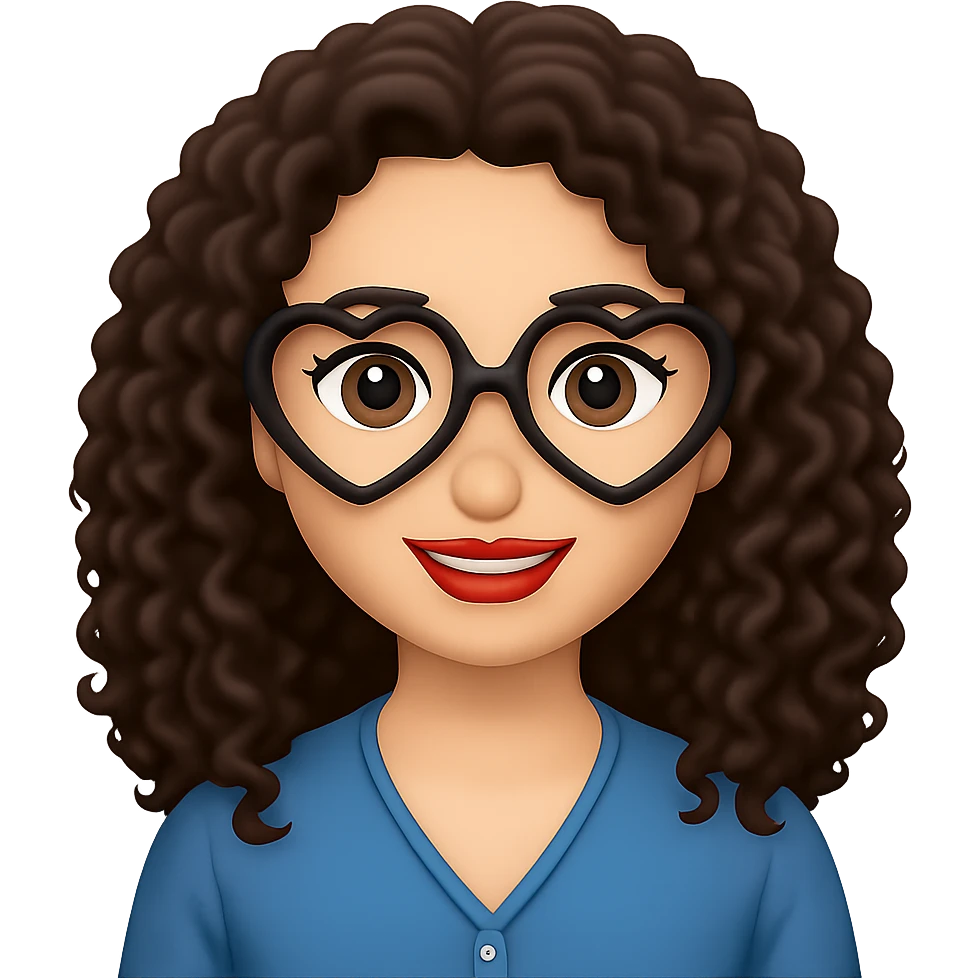 Change to heart-shaped glasses, keep lady with long dark brown curly hair, in emoji style with no background. emoji