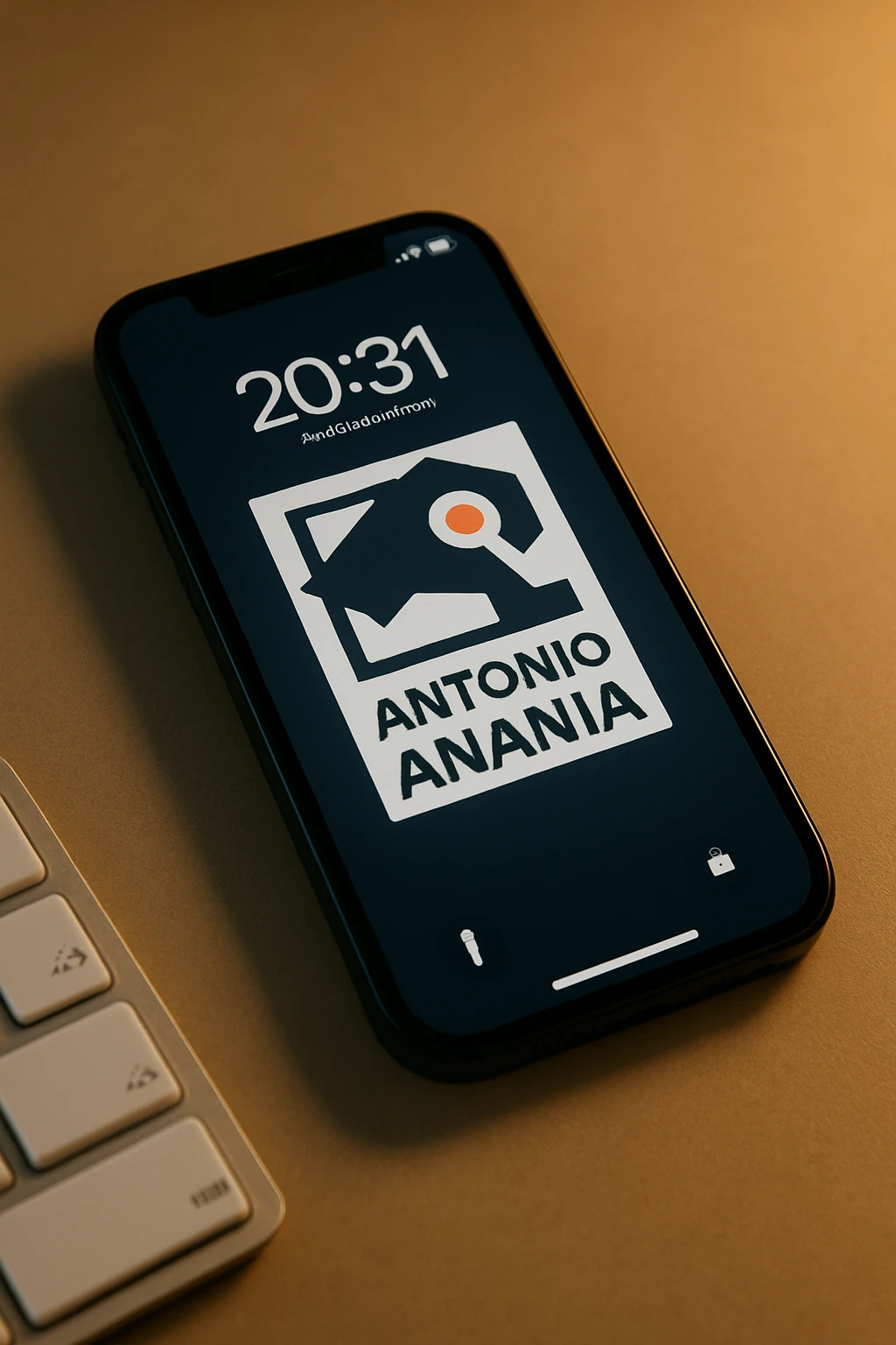 A photo of an iPhone with the message "Antonio Anania" on its screen, The phone sits atop a desk with a blurred background that suggests work environment. A faint glow from above casts gentle shadows across the surface of each object, creating depth and highlighting their textures emoji