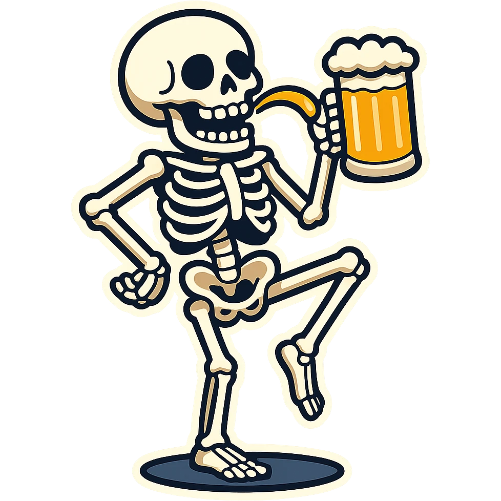 Create another variant of a skeleton drinking a beer while balancing on one leg like a flamingo, in a cartoon sticker style. The style should mimic cartoonish stickers with bold outlines and vibrant colors. emoji