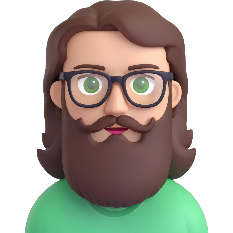 white male mid 30s green eyes black square glasses long brown beard with medium length brown hair emoji