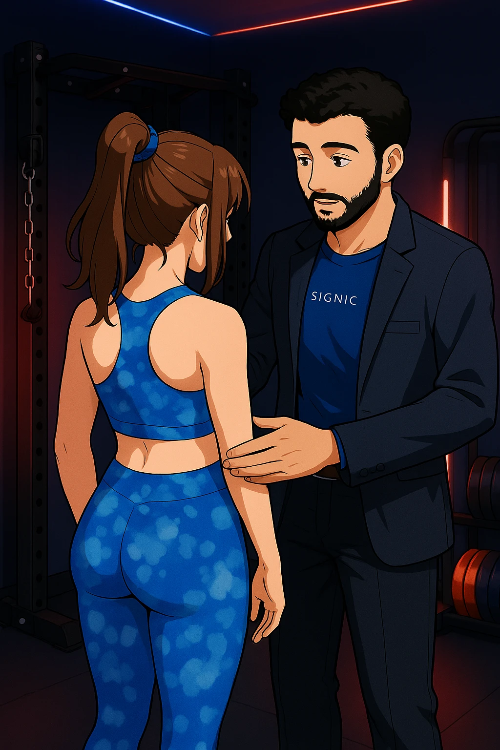 ispirati a questo stile di disegno e fai questa immagine in versione manga/webtoon a colori, il manga mostra la donna di spalle, mentre l'uomo le tocca la spina dorsale per spiegarle come funziona la scoliosi:
Con una scoliosi il baricentro corporeo cade maggiormente da un lato; per non cadere la schiena compensa accumulando tensione sul fianco opposto.
Il risultato? Si inclina e ruota sempre più, fino a che non cede (discopatie, artrosi, ecc) emoji