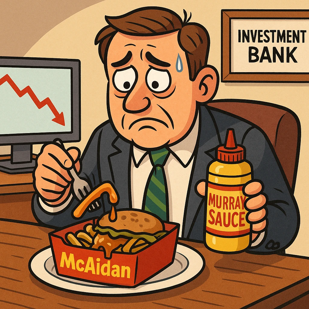 A cartoon-style investment banker at his desk, looking sad and anxious, eating a labeled 'Mcaidan' meal and 'Murray Sauce.' The food looks soggy and unappealing, and the labels are easy to read. emoji