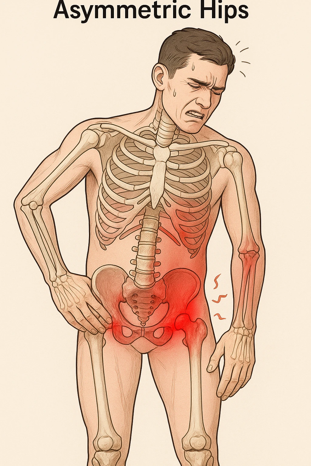 Uomo con dolore per via dei suoi fianchi asimmetrici vista anatomica emoji