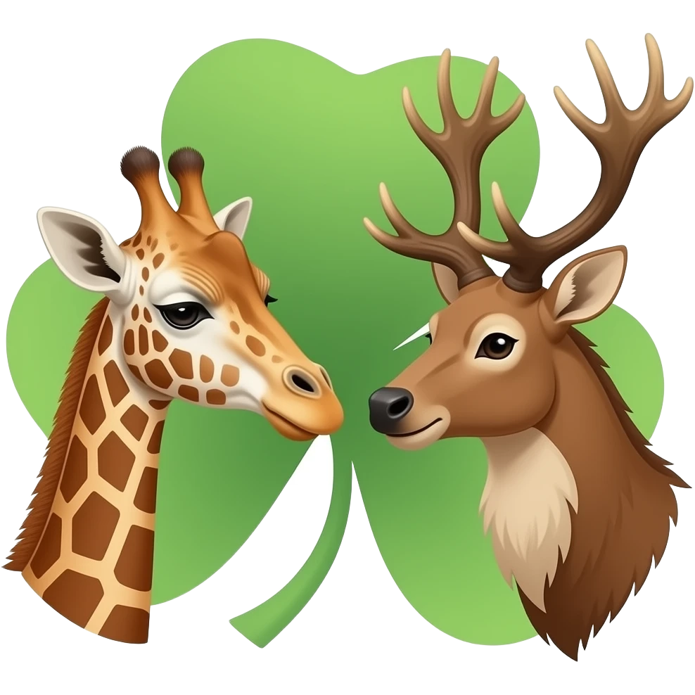 Einfacher Giraffenkopf und Elchkopf schauen sich an und vierblättriger Glückskee emoji