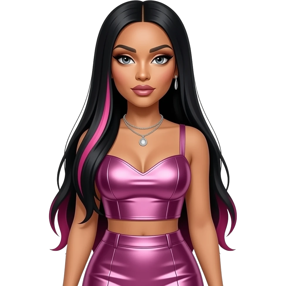Nicki Minaj with dark grey eyes, long black straight hair with pink highlights, pink metallic sleeveless sweetheart crop top, pink metallic mini skirt, necklace and earrings emoji
