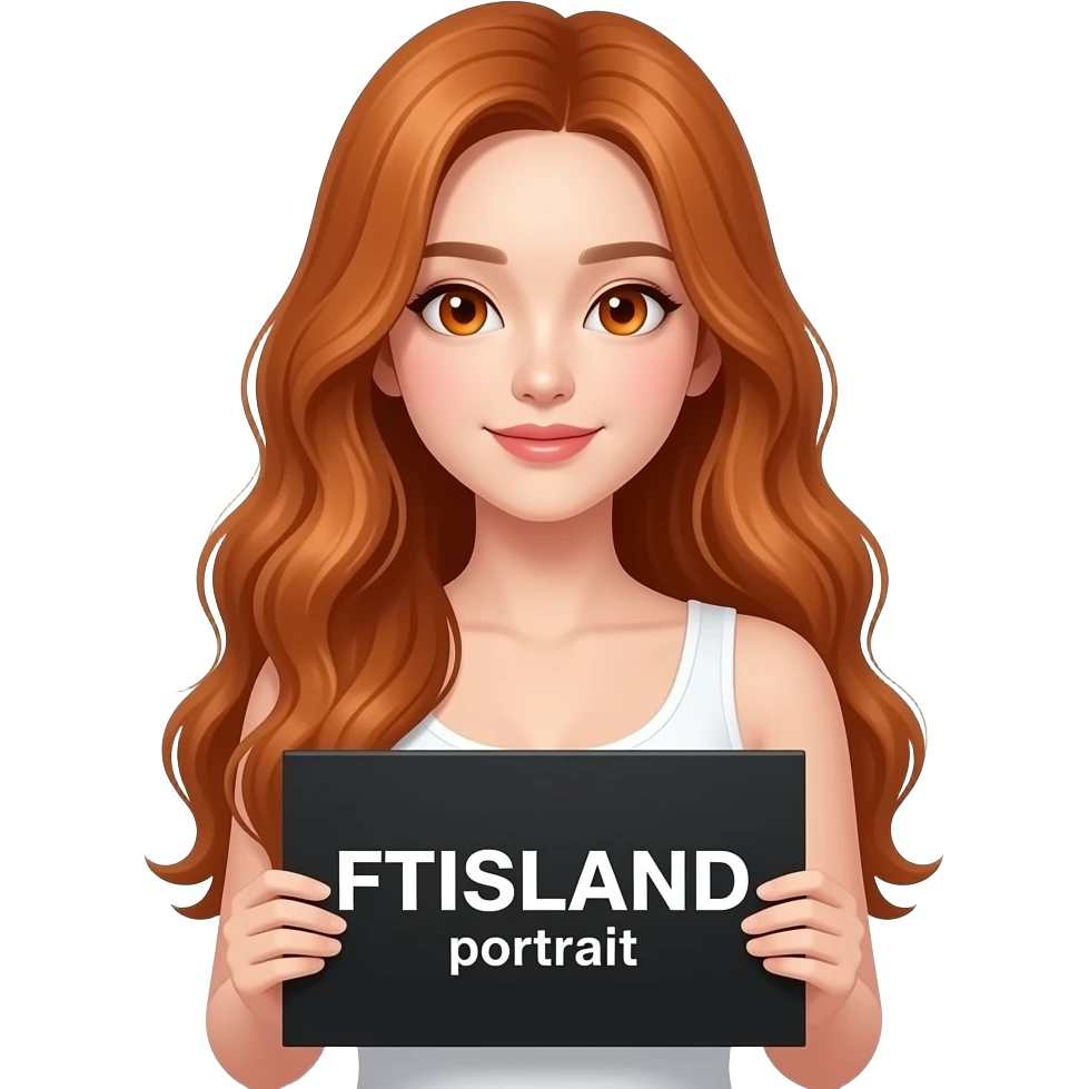 sexy girl with long wavy ginger hair and ginger eyes wearing a white tanktop is holding a black colored sign with FTISLAND written on it emoji