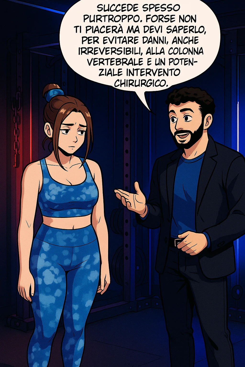 fai questa immagine in versione fumetto/manga/webtoon a colori, il manga mostra l'uomo che risponde alla donne:
Succede spesso purtroppo. 
Forse non ti piacerà ma devi saperlo, per evitare danni, anche irreversibili, alla colonna vertebrale e un potenziale intervento chirurgico. emoji