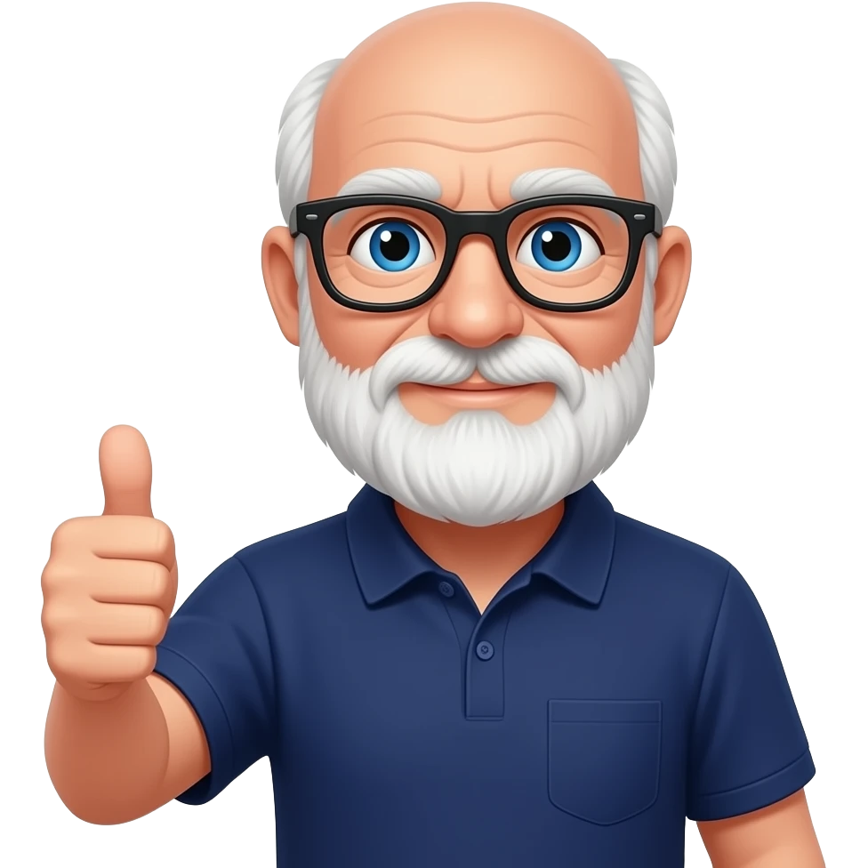 old bald man with white beard, blue eyes, black glasses, thumbs up, navy blue polo shirt emoji