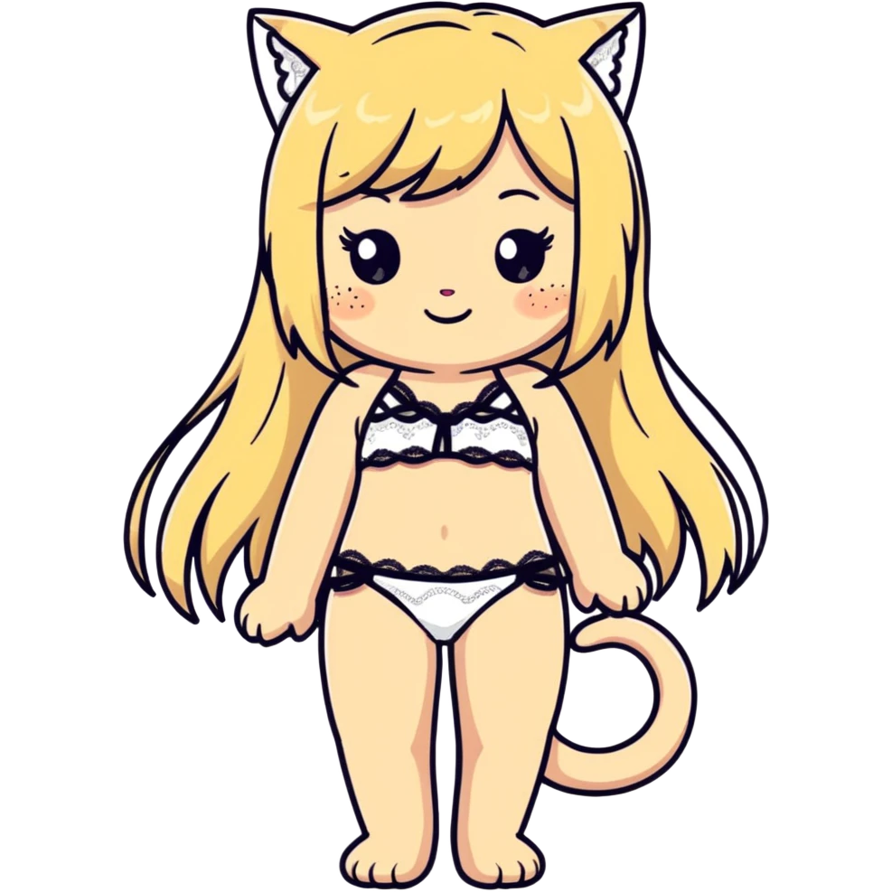 flirty petite blonde catgirl womanly long hair freckles shy lace white bikini emoji