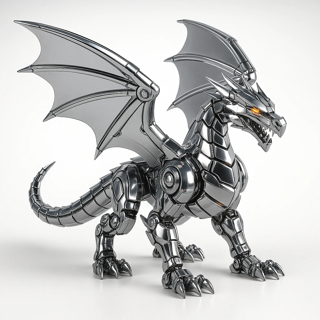 fierce chrome robotic dragon with segmented armor, metallic wings, illuminated accents, 1:1 aspect ratio emoji