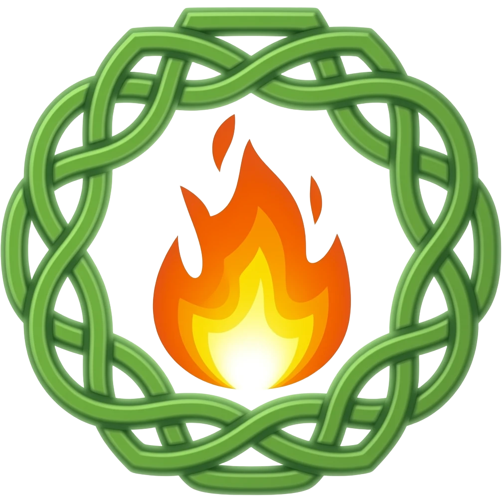 emblem with faint green celtic knot with tree of life and fire emoji