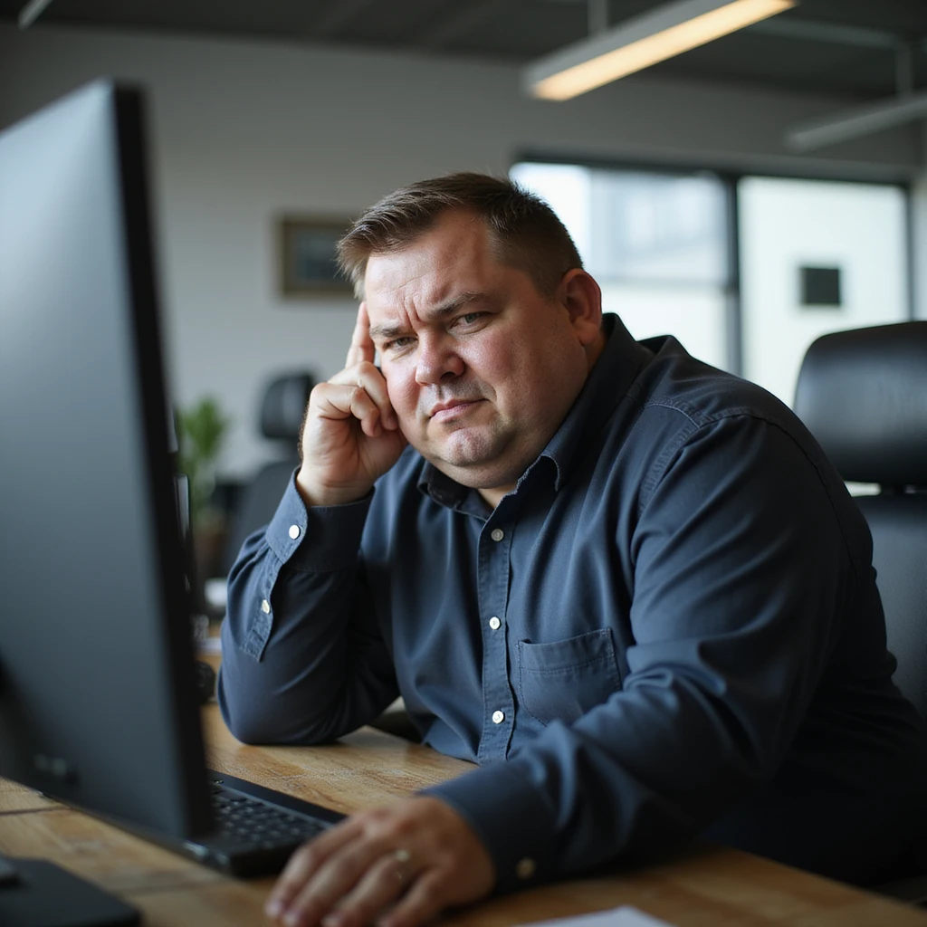 obese man in office, confused and slowed expression, in front of a computer, realistic atmosphere, hyperrealistic 4K details, work environment, signs of cognitive difficulty emoji