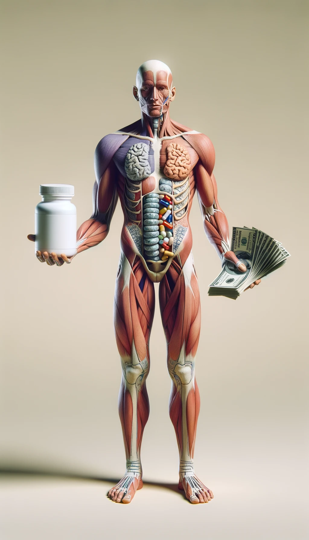 corpo umano anatomico che tiene nella mano destra una boccetta di integratore e nella mano sinistra delle banconote, sfondo neutro chiaro emoji