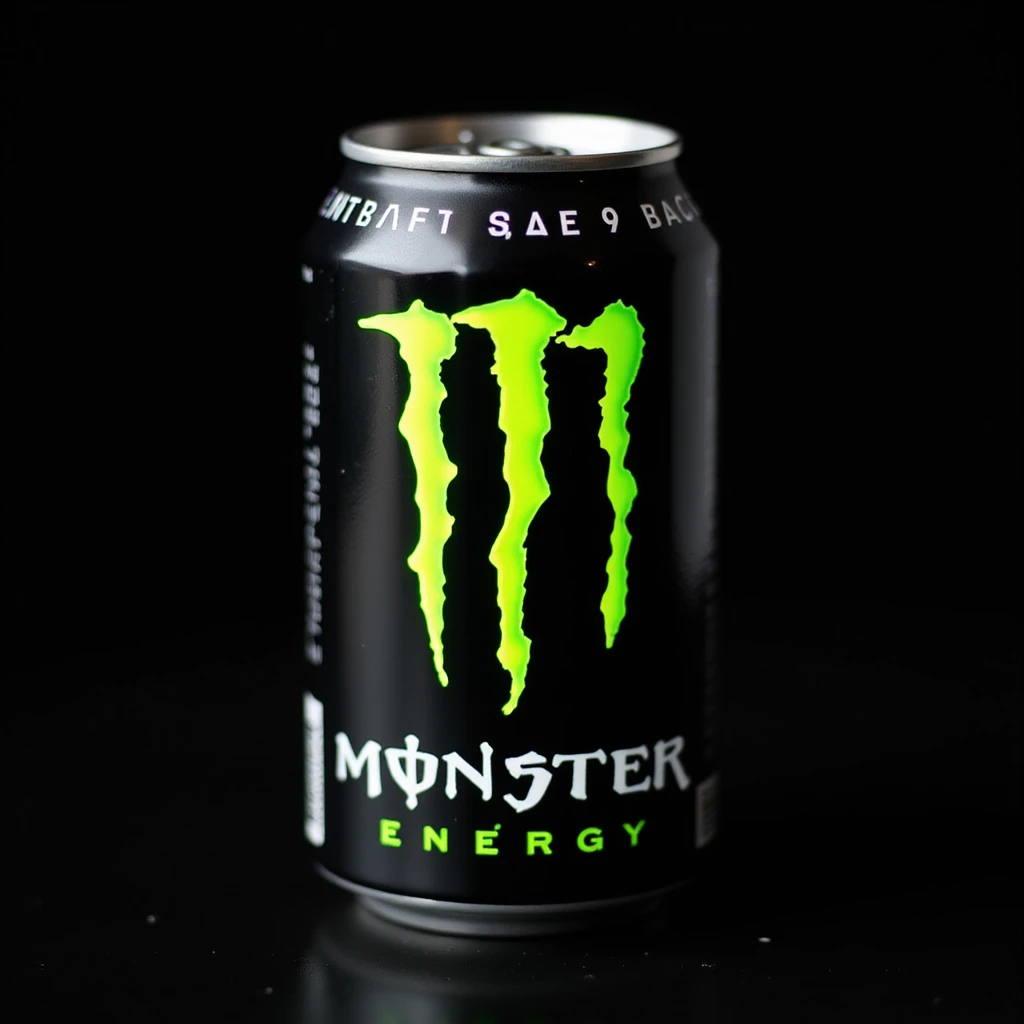 photorealistic close-up shot of monster energy drink can with detailed reflections and neon green accents, on a black background emoji