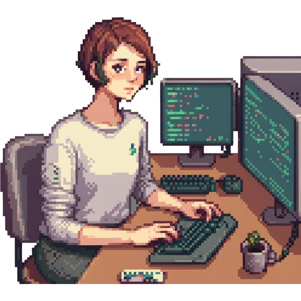 female coder at computer pixel art style emoji