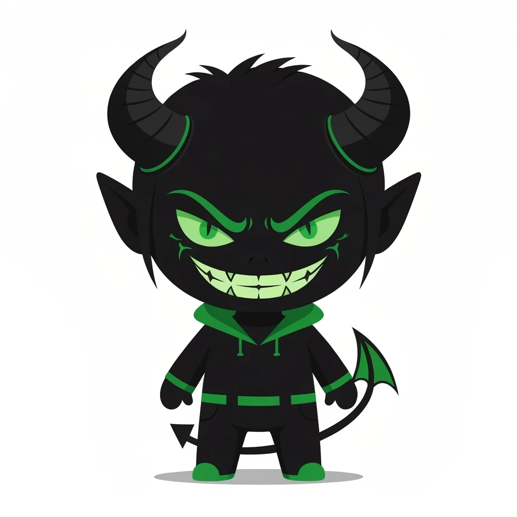 devil emoji, chibi style, gothic palette with black and green, elegant horns, sinister smile emoji