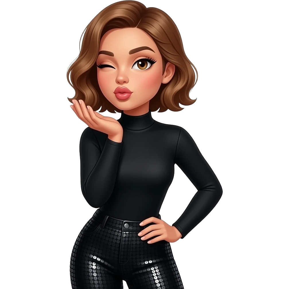 glamours,-tanned,-very-beautiful-girl,-with-big-pump-peach-beige-rose-lips,-long-long-lashes,-honey-silky-very short- hair,-wavy-hair,-hazel-eyes-in-black-long-sleeves-bodysuit-black sequinned pants- blowing a kiss off her hand- winking-sensually- from waist up. emoji