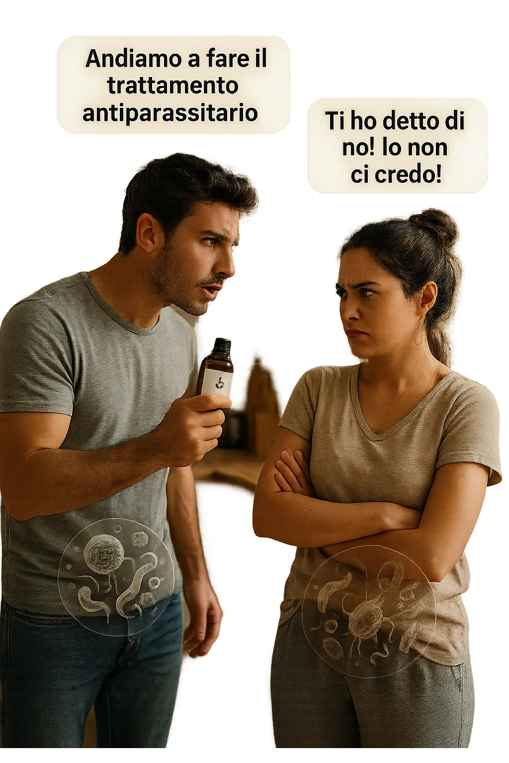 A highly realistic, cinematic photo of a young couple in their early 30s having an argument in a bright modern kitchen. The man, athletic build, wearing a casual T-shirt and jeans, is speaking firmly with a raised hand holding a small amber glass bottle labeled with a subtle herbal symbol, saying 'Andiamo a fare il trattamento antiparassitario' with a determined expression. The woman, with long dark hair tied in a messy bun, casual home outfit, crosses her arms with an angry, defensive expression, replying 'Ti ho detto di no! Io non ci credo!' while slightly turning away. Tension is visible in their body language, with the man leaning forward trying to explain and the woman leaning back, her eyebrows furrowed. Around them, subtle ghostly overlays of microscopic parasites are faintly visible near their abdominal areas, symbolizing the hidden reason for the argument. The kitchen is bright and modern with plants and natural light, contrasting the emotional tension. The style is hyperrealistic with warm tones and shallow depth of field focusing on their facial expressions, illustrating the conflict between belief in natural treatments and skepticism within the couple regarding hidden parasitic infections. in italiano emoji