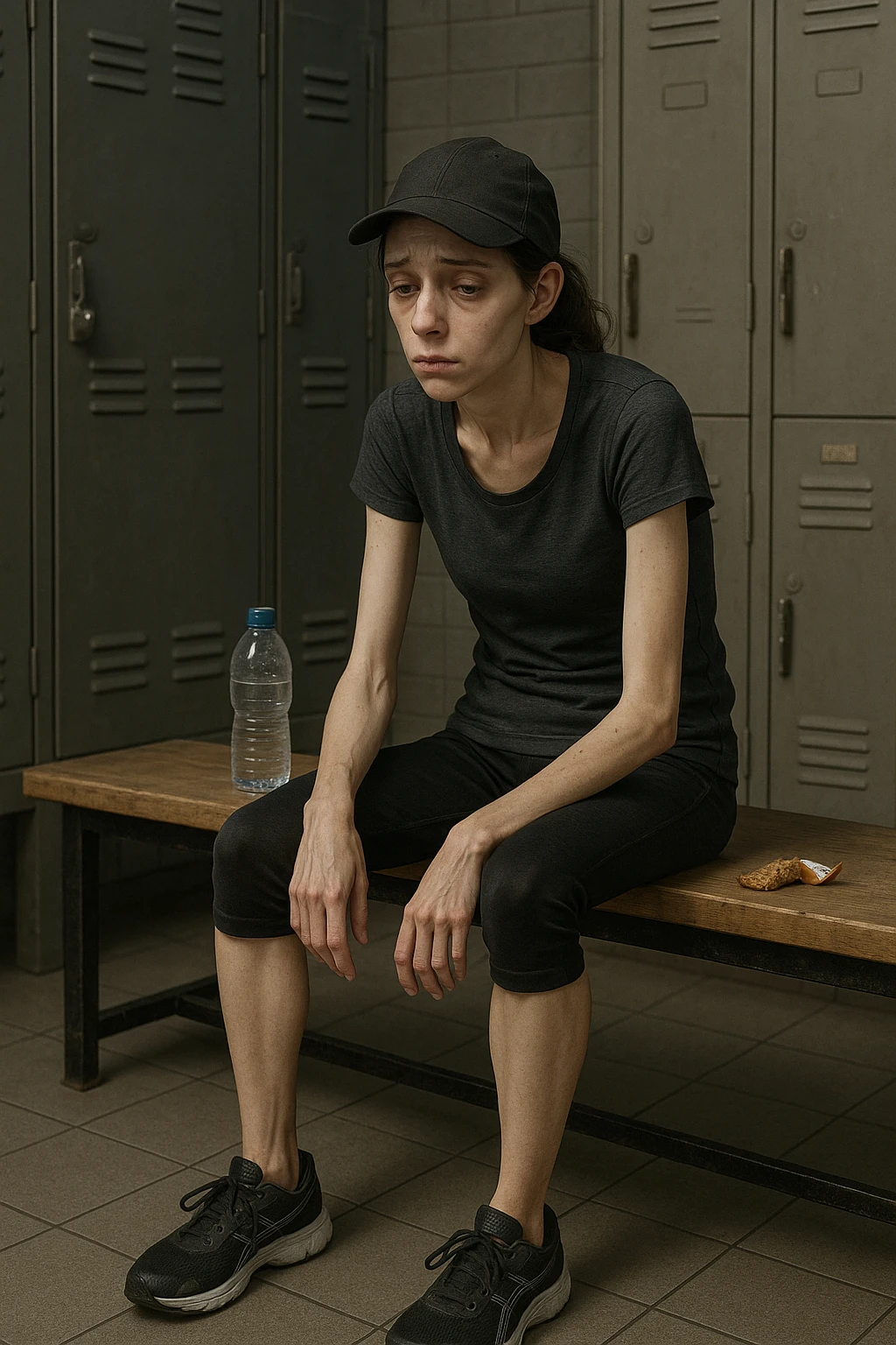 3D rendered scene: a woman in her 20s wearing running clothes sits on a bench in a locker room, looking exhausted and weak. Her face shows signs of fatigue, and her limbs appear thin and lacking muscle tone. A water bottle and a small, half-eaten snack are beside her, hinting at insufficient nutrition. The environment is realistic, with a focus on her physical and emotional state. emoji