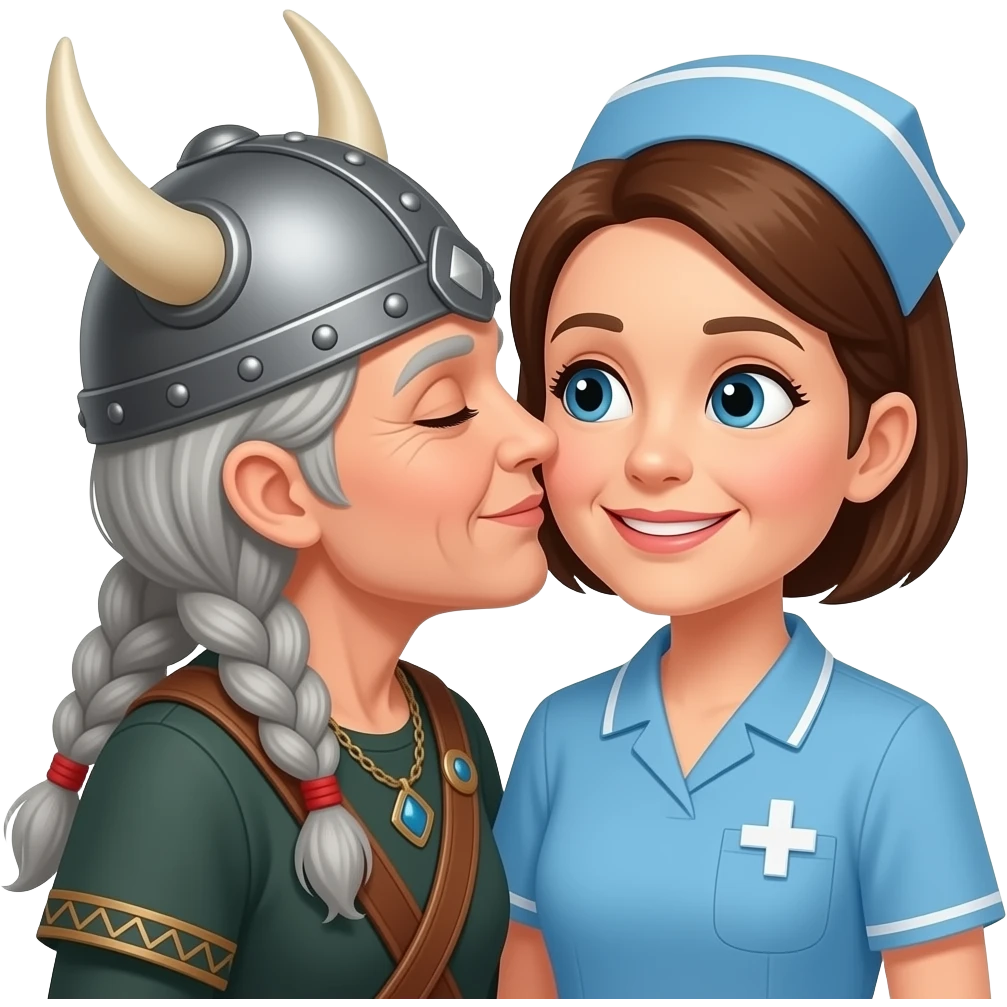 Viking gray braids old woman kissing shortest hair brunette old nurse emoji