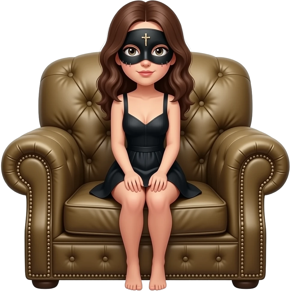 The female figure is in a crouching on the armchair covered with heavy fabric. The most prominent detail is the black mask with a small figurine of the crucified Jesus sewn between the eyes emoji