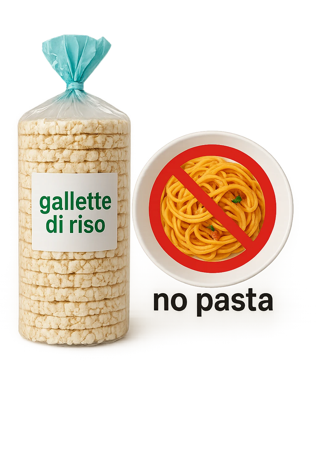 confezione di gallette di riso con accanto un piatto di pasta con divieto sopra, in italiano,  realistici emoji