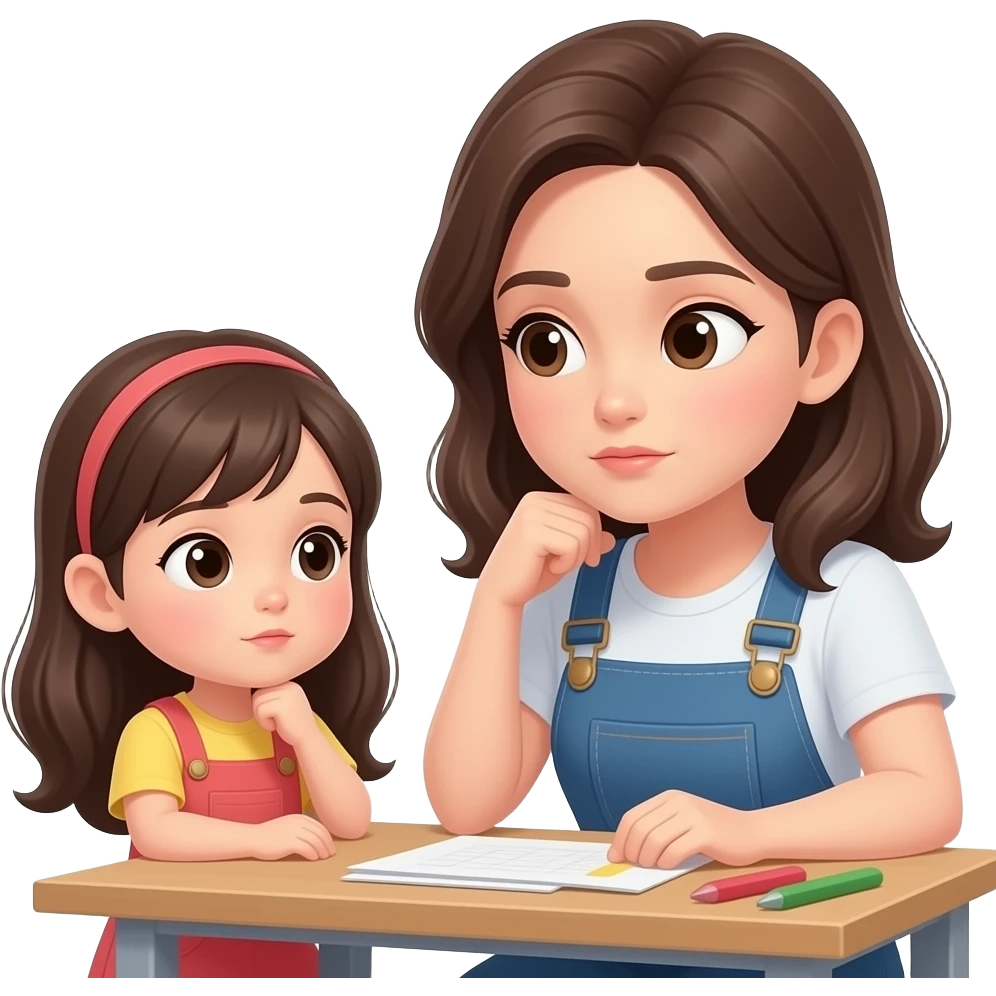 little girl watching her mother working, serious expression, thoughtful eyes, silent understanding, minimalist flat illustration, warm tones, consistent style, same character design, no background emoji