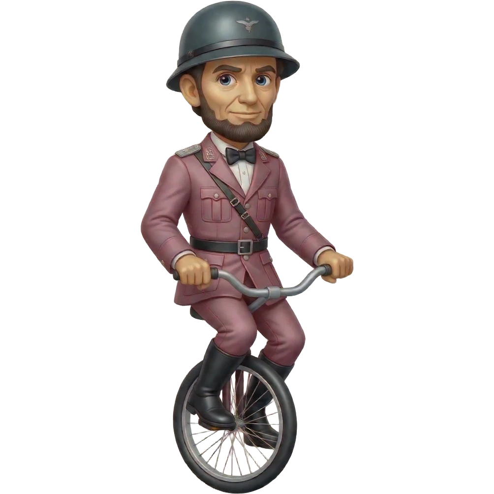 cinematic - Abraham Lincoln in a pink German World War II uniform with a helmet rides a unicycle emoji