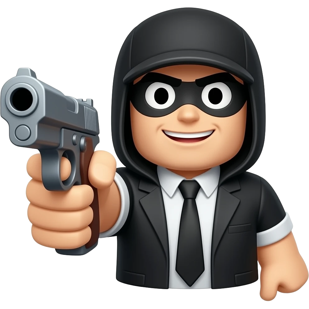 As un ladrón apuntando a ala camara Con una pistola y sea un personaje de roblox emoji