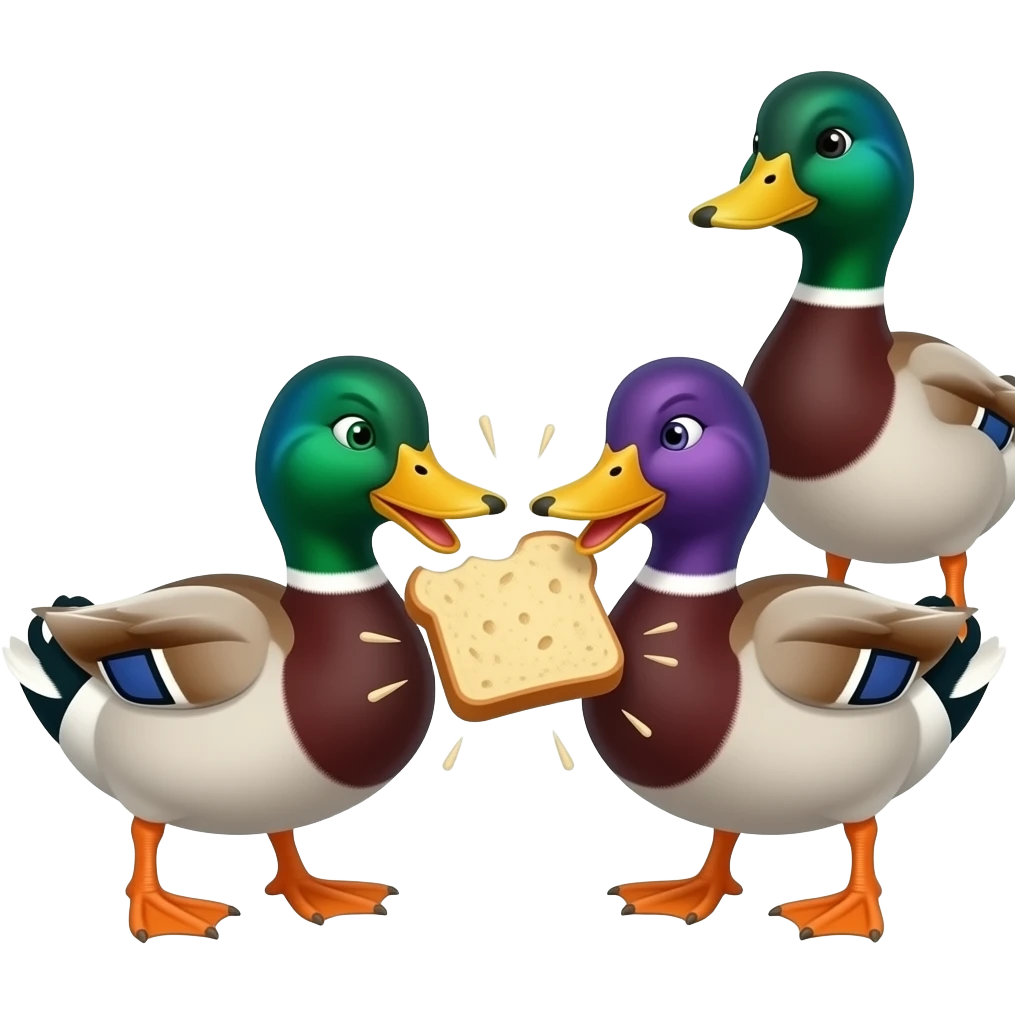 un pato peleandose con otro pato por un troço de pan pero que esten enfadados i que un pato tenga un ojo verde i el otro ojo lila i el ptro pato que tenga ojos negros emoji