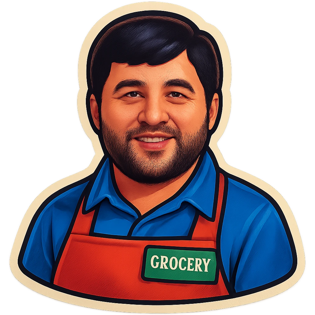 mana shu odamni oziq-ovqat do'konidagi sotuvchi obrazida tasvirla. orqa fonda hech narsa bo'lmasin. emoji