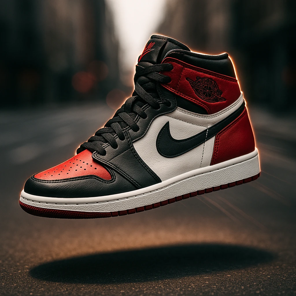 “A high-resolution image of an iconic Air Jordan sneaker floating in mid-air with dramatic lighting, shadow underneath, glowing edge highlights, bold red, black, and white color scheme, urban street background blurred, sharp focus on the shoe, cinematic depth of field, dynamic angle with motion lines, premium sneaker ad style.” emoji