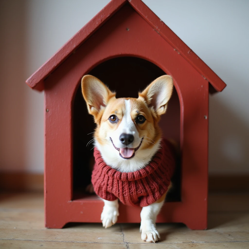 realistic red dog house with a Corgi dog inside, Corgi with a sweater, photorealistic style emoji