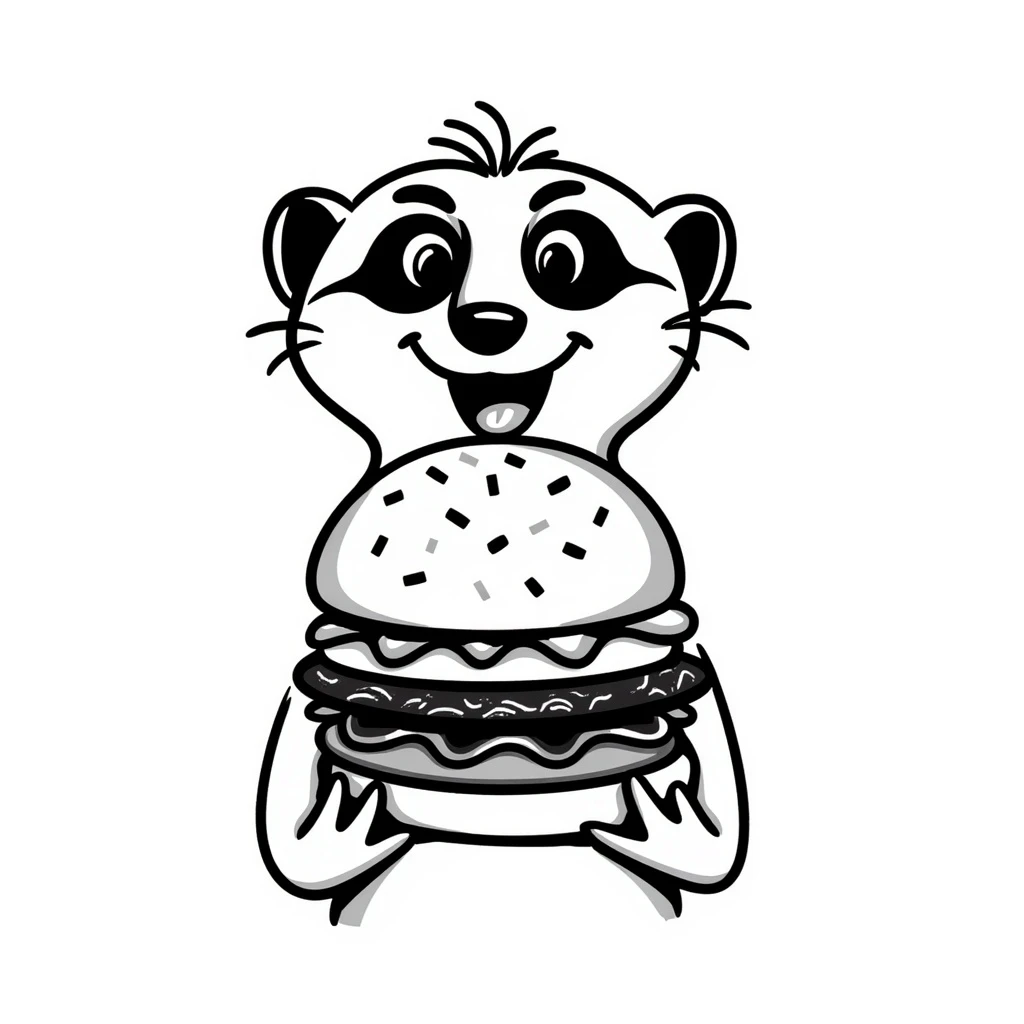 a meerkat face holding a burger in front of it, hand drawn doodle style emoji