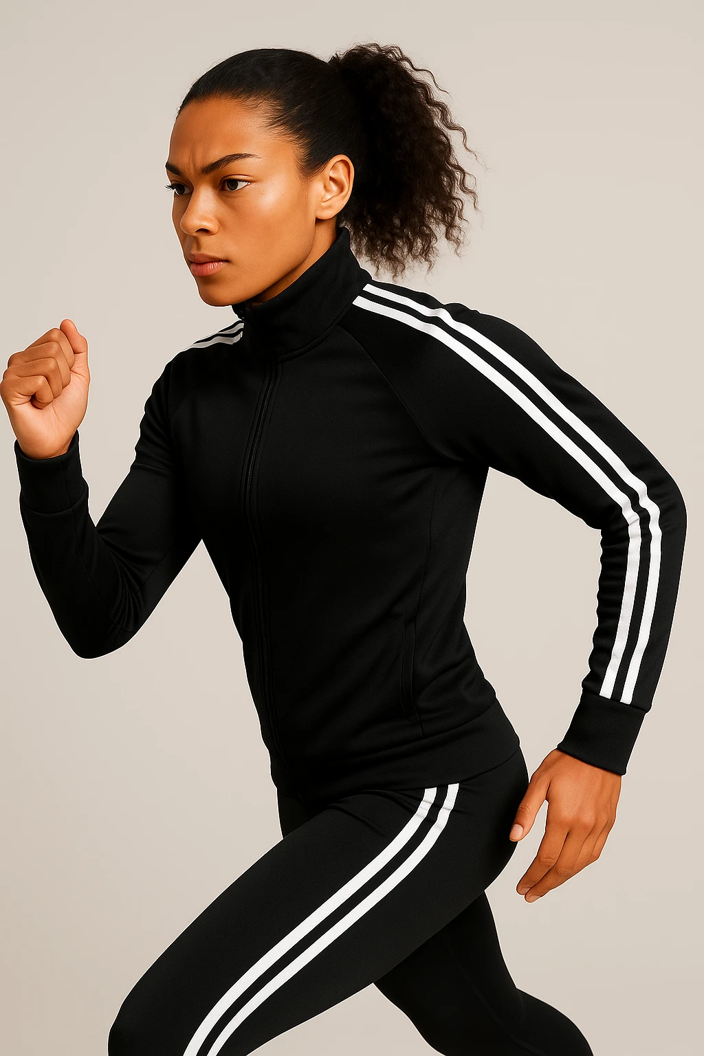 Edit the person in the running pose to be wearing a modern black sports outfit with three white stripes down the side of the arms, keeping the stripes visible and maintaining a modern athletic look. emoji