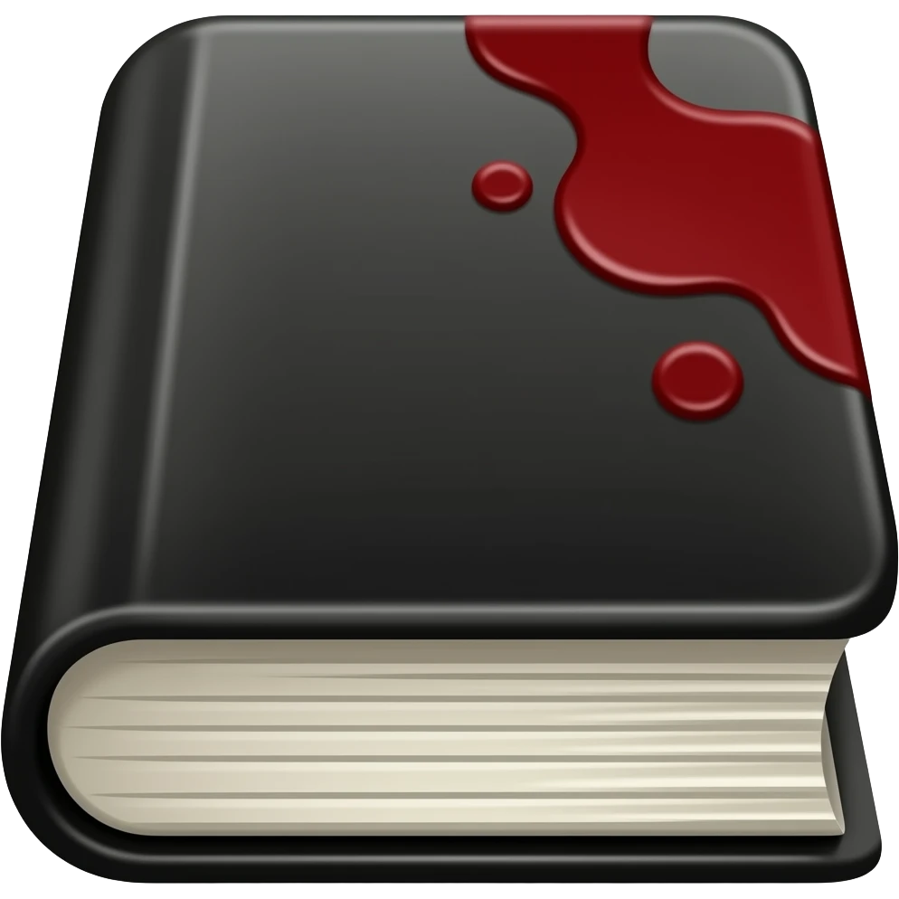 flat icon of a black book with 1–2 small red blood stains, simple geometric shape, 2 colors only (black + red), thick outline, no details, no gradients, no background, centered, fills canvas, emoji style emoji
