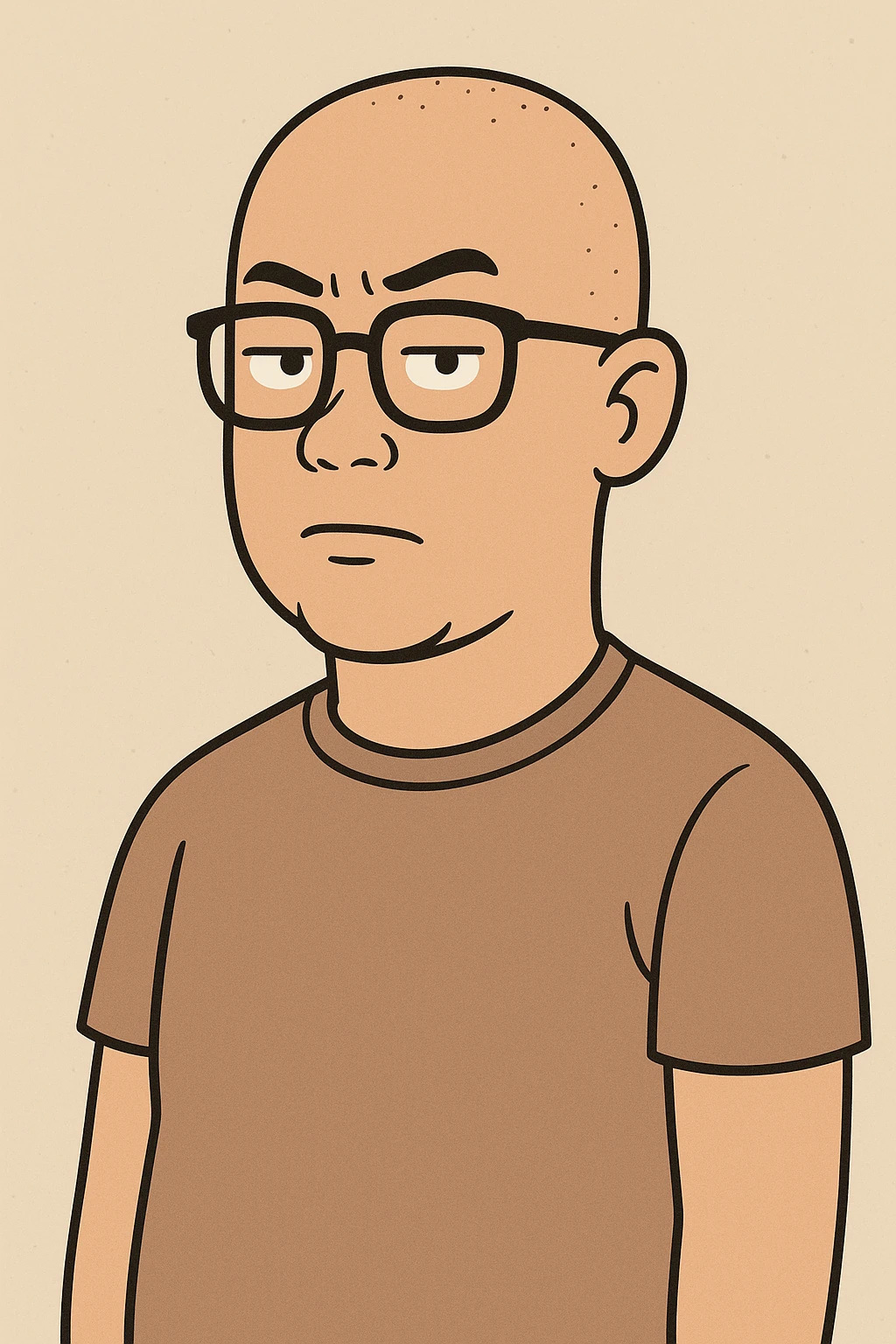 cartoon style, skinhead Asian man wearing glasses, neutral expression, simple background emoji