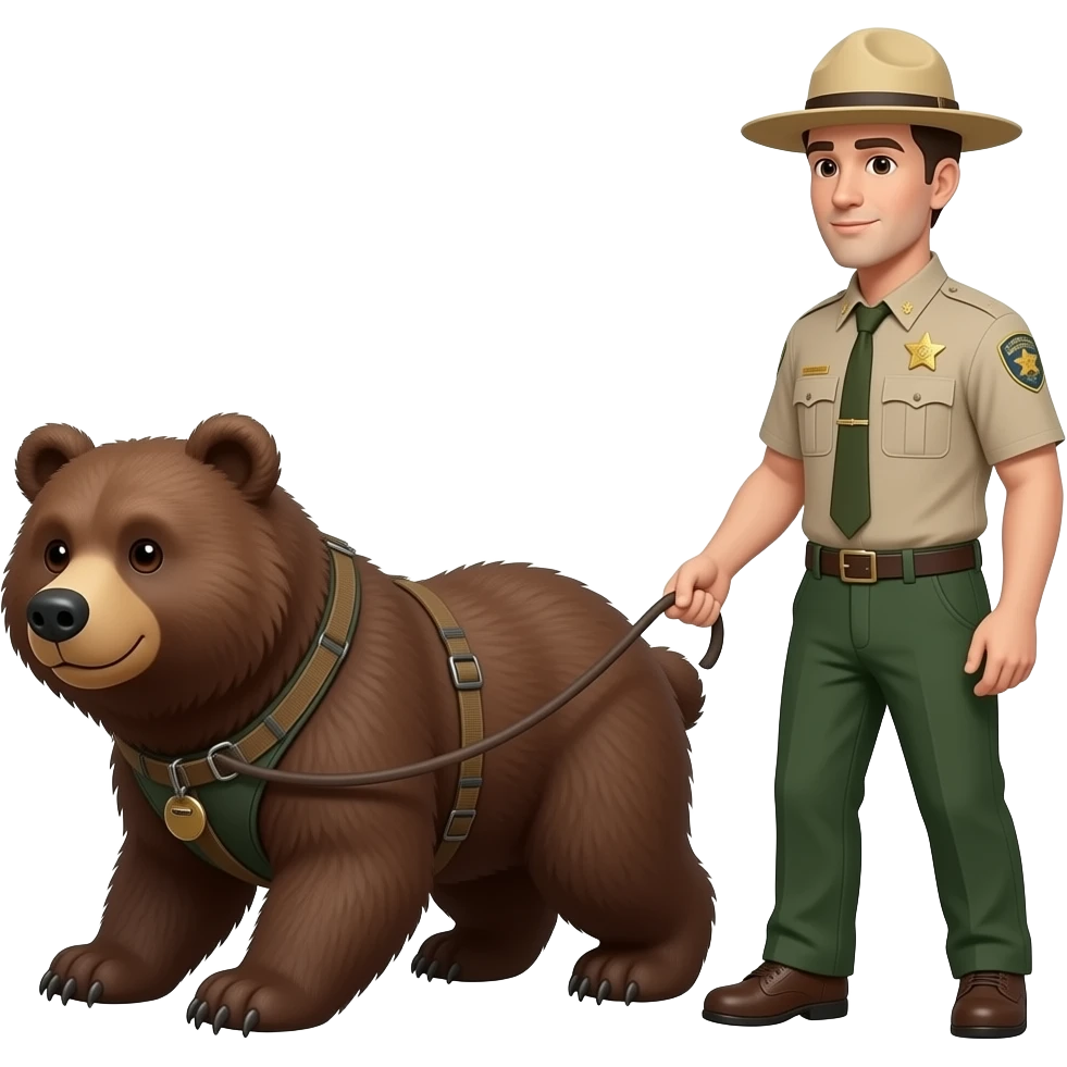 smokey the bear on all fours being walked on a leash in a harness by a park ranger emoji